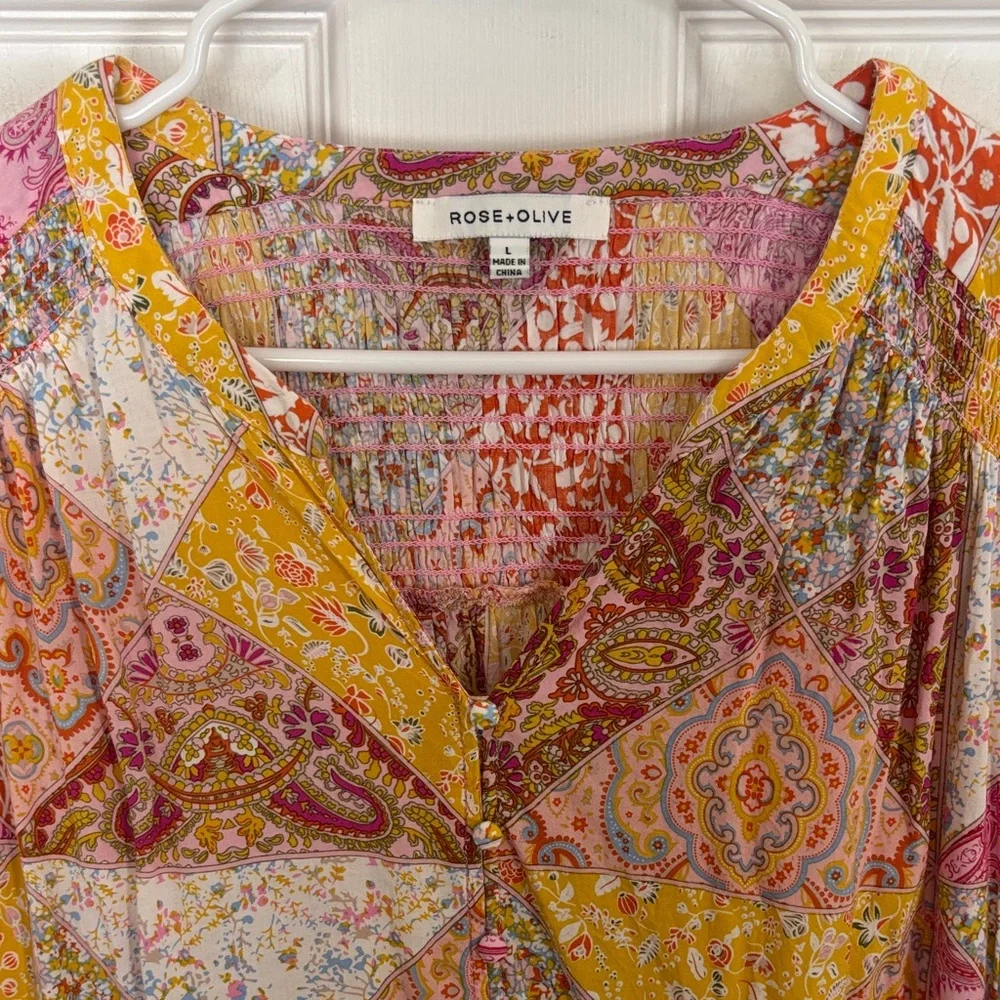 Rose & Olive Vibrant Patchwork Blouse size L - Picture 4 of 9